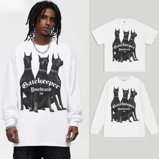 Vintage T-shirts Doberman Street Print Long Short Sleeve T-Shirt Cotton