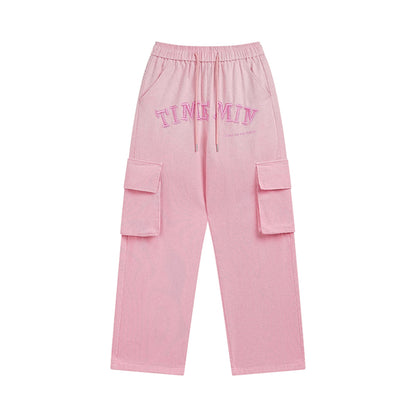 Men Sweatpants Wash Water Gradient Tie-Dye Straight-Leg Trousers Embroidery Loose Pockets Workwear Casual Pants