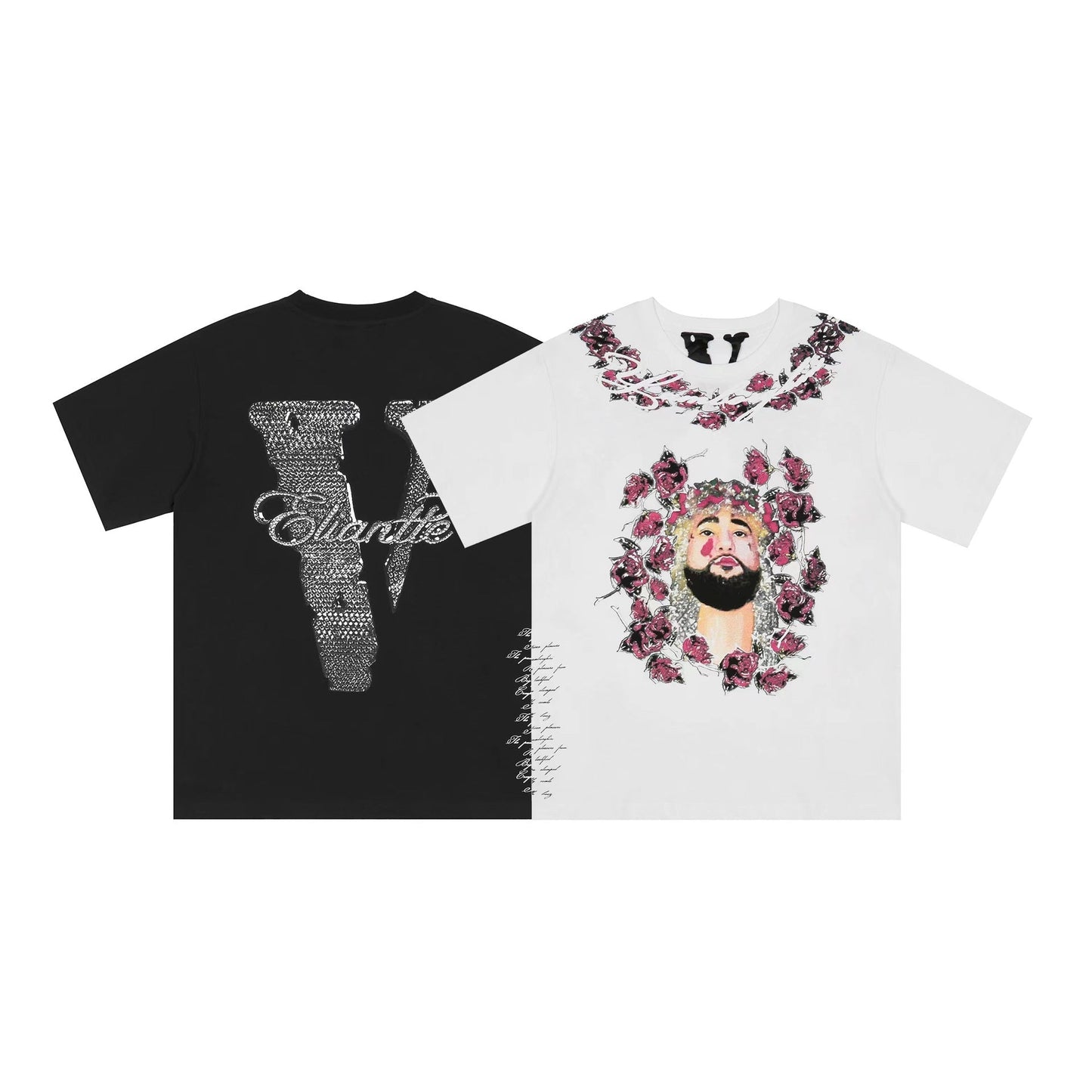 Vlone T Shirts Character Floral Short Sleeve T-shirt Printed Men and Women High Street Half Sleeve Shirt
