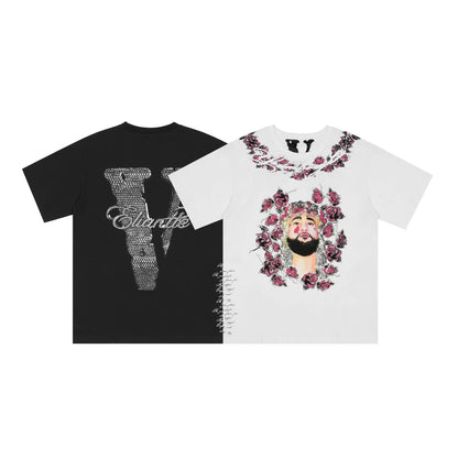 Vlone T Shirts Character Floral Short Sleeve T-shirt Printed Men and Women High Street Half Sleeve Shirt