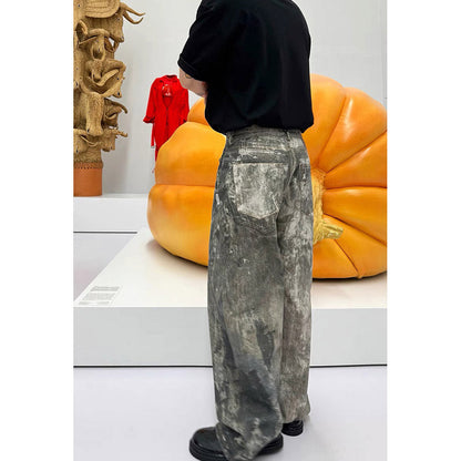 Unisex Pants Distressed Ink-splashed Wide-leg Jeans