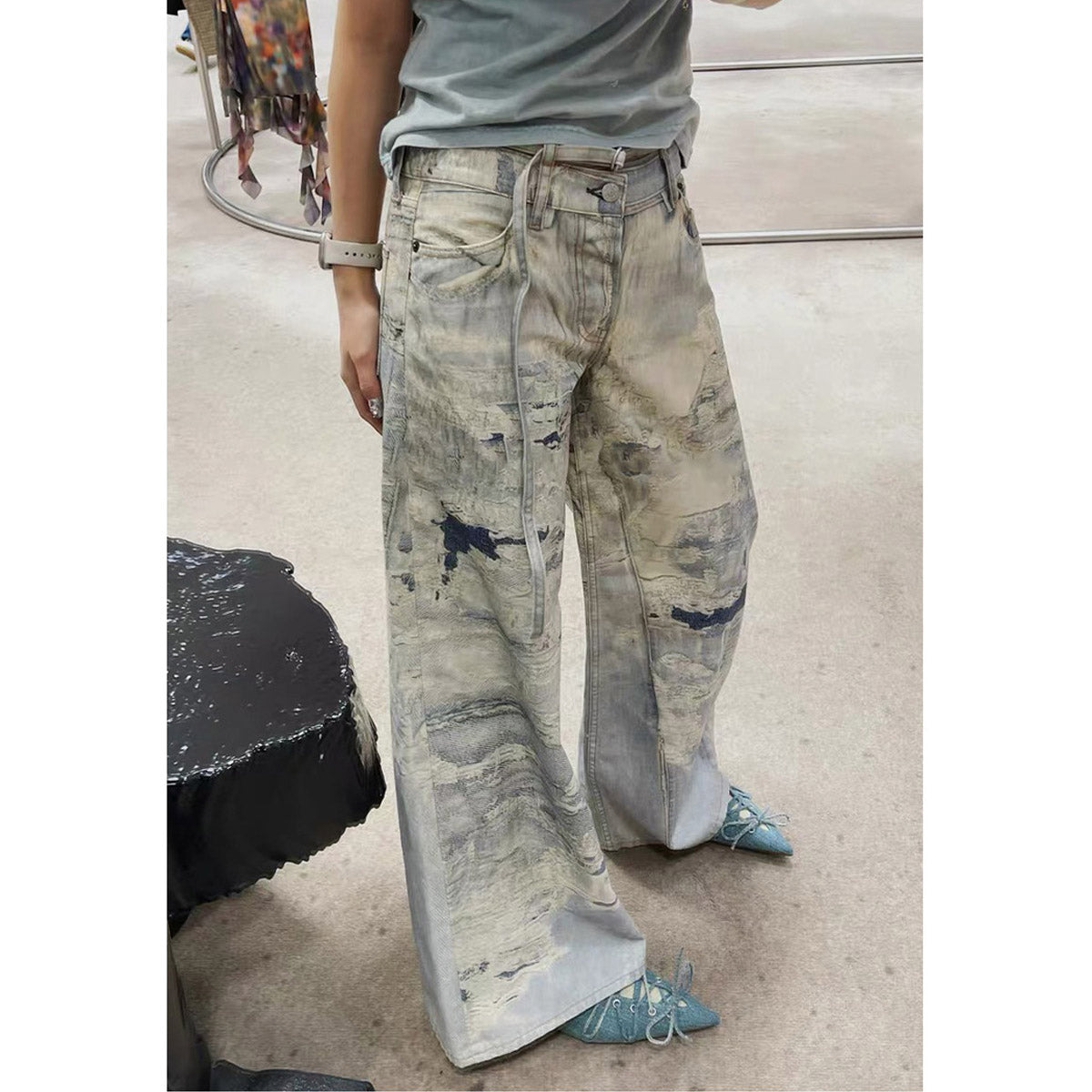 Unisex Pants Distressed Relaxed Wide-leg Jeans