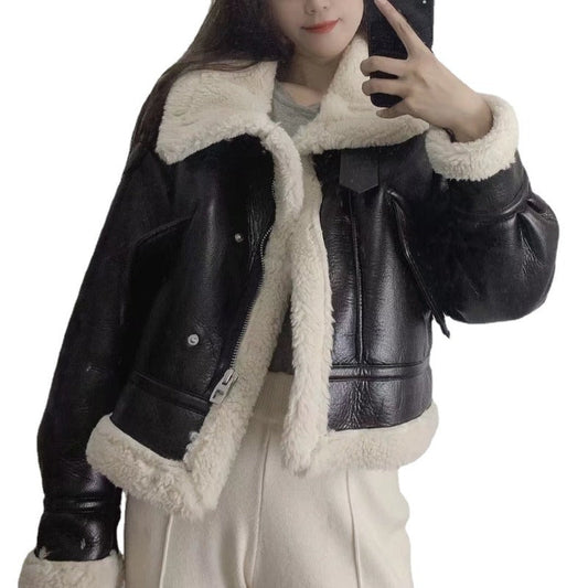 Women Cotton Coat Fleece Faux Leather Thermal Jacket