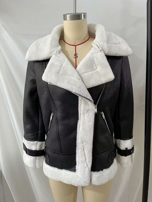 Women Cotton Coat Fleece Leather Jacket Warm Leisure