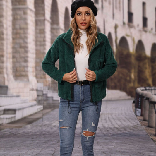 Women Trench Coat round Neck Long Sleeve Loose Rope Zipper Double-Sided Velvet Casual Jacket