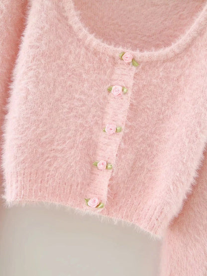 Women Sweater Knitwear Retro Square Collar Single-Breasted Long Sleeve Knitted Cardigan Jacket