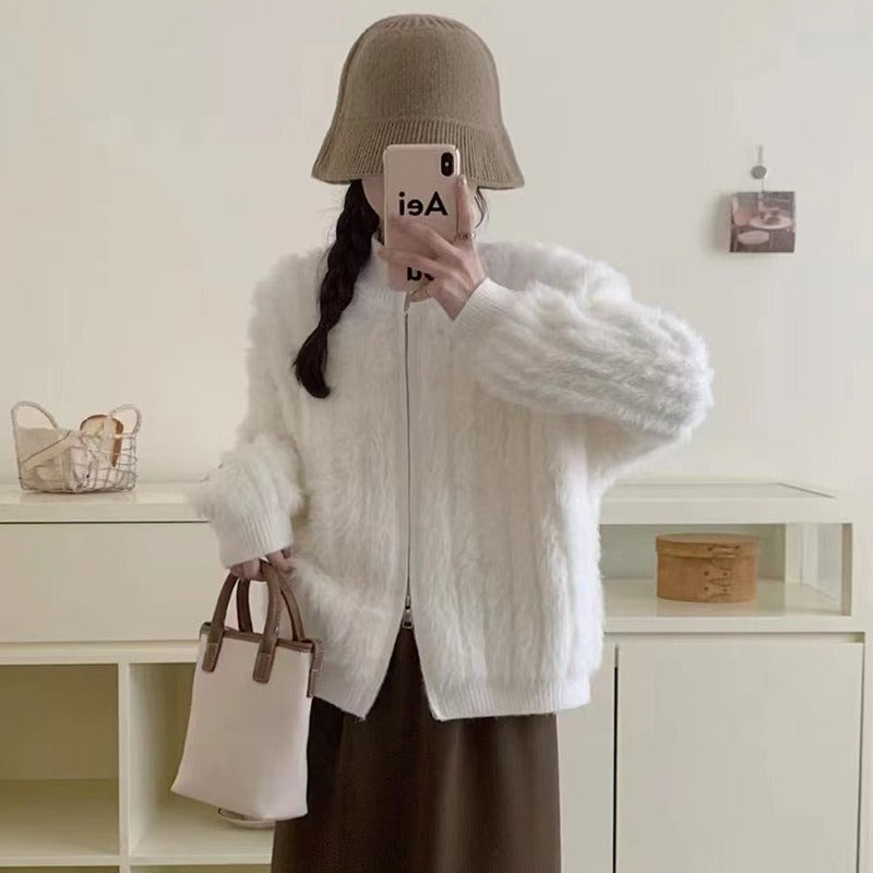 Women Knitted Cardigan Imitated Mink Plush Coat Jacket Loose Knitted Cardigan