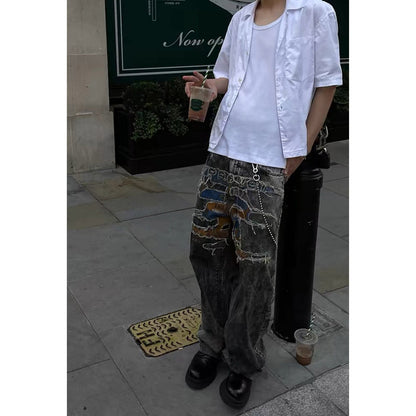 Unisex Pants Make Old Patch Embroidered Loose Jeans
