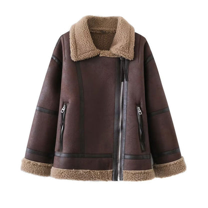 Women Cotton Coat Lamb Wool Casual Leather Coat