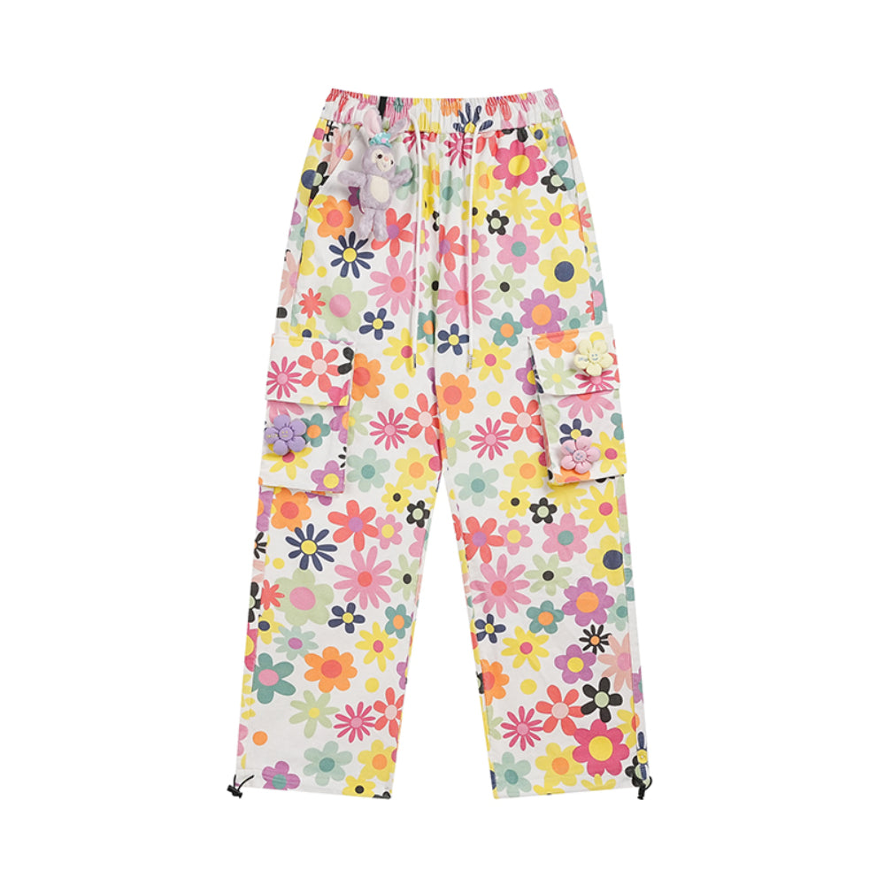 Men Sweatpants Full Printed Floral Corduroy Casual Pants Loose Pockets Tooling Straight-Leg Wide-Leg Pants