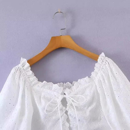 Women Tops Summer Puff Sleeve Sexy Lace Top Shirt