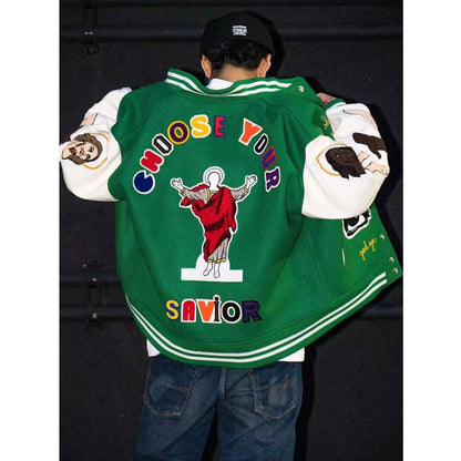 Unisex Baseball Jersey Saint Michael Jesus Embroidered Badge Loose Baseball Jacket