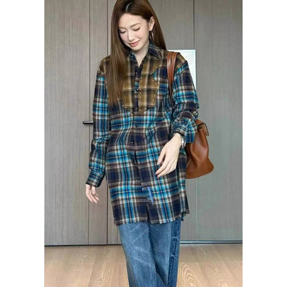 Unisex Shirts Vintage Plaid Shirt Splicing Loose Jacket