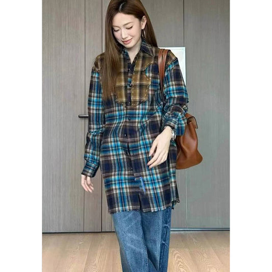 Unisex Shirts Vintage Plaid Shirt Splicing Loose Jacket