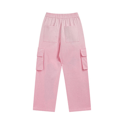 Men Sweatpants Wash Water Gradient Tie-Dye Straight-Leg Trousers Embroidery Loose Pockets Workwear Casual Pants