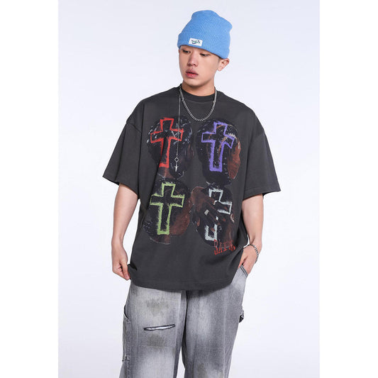 Unisex T-Shirts Saint Michael Portrait Print Colored Cross Loose T-Shirt
