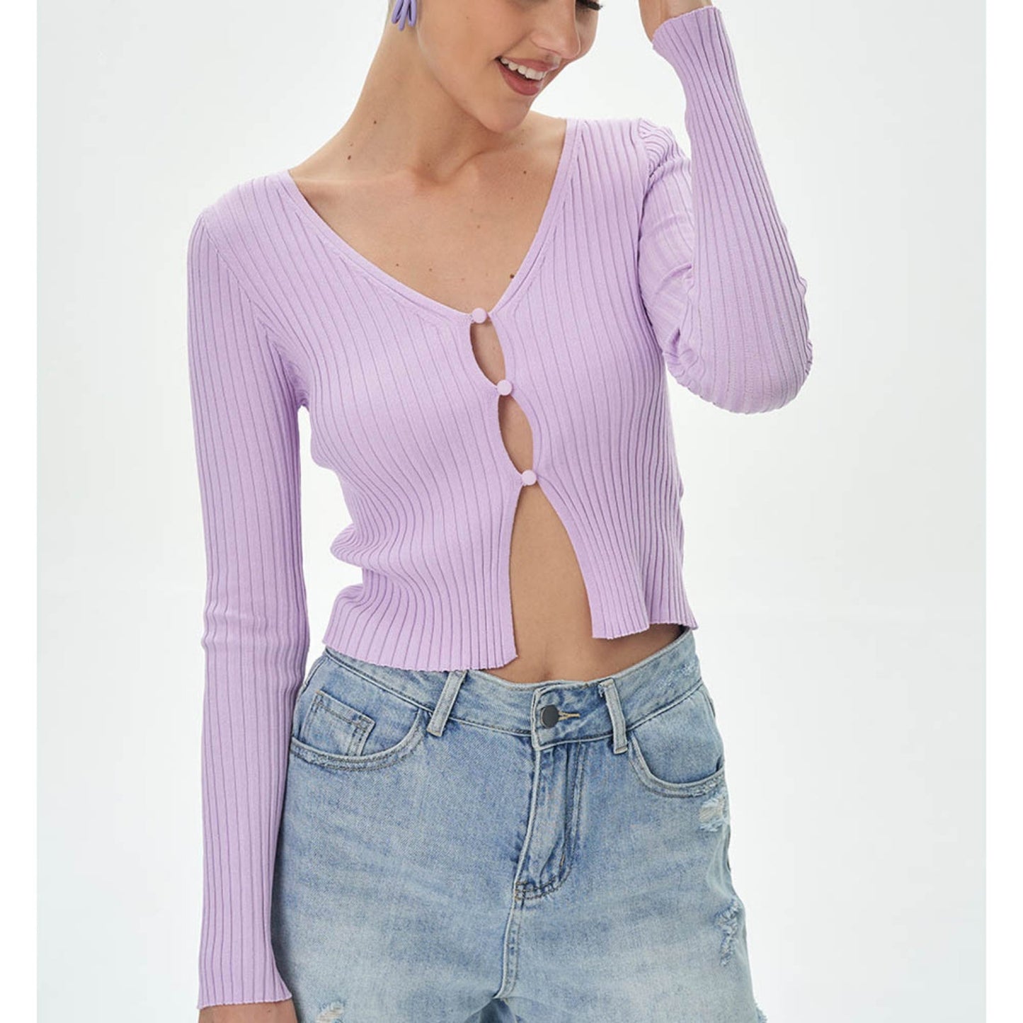 Women Tops Spring/Summer V-neck Hollow Cardigan Solid Color Short Top