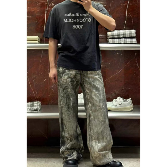 Unisex Pants Distressed Ink-splashed Wide-leg Jeans