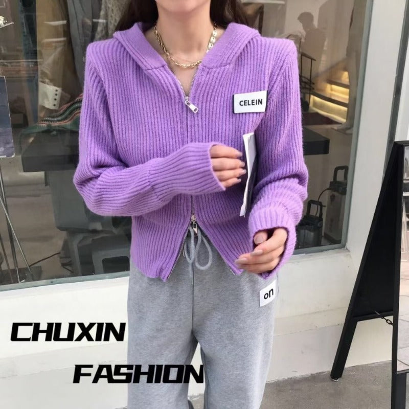 Women Knitwear Spring and Autumn Double Zipper Knitted Cardigan Jacket