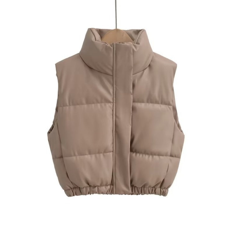 Women Cotton Coat Casual Stand Collar Imitation Leather Vest