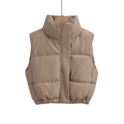 Women Cotton Coat Casual Stand Collar Imitation Leather Vest