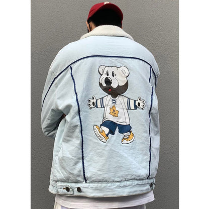 Unisex Denim Jacket Drew Bear Lapel Fleece Fleece Denim Jacket