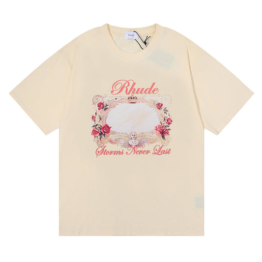 Rhude T Shirt Storms Never Last HD Rose Magic Mirror Men and Women