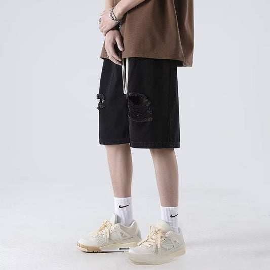 Men Jeans Ripped Denim Shorts Men's Summer Straight-Leg Pants