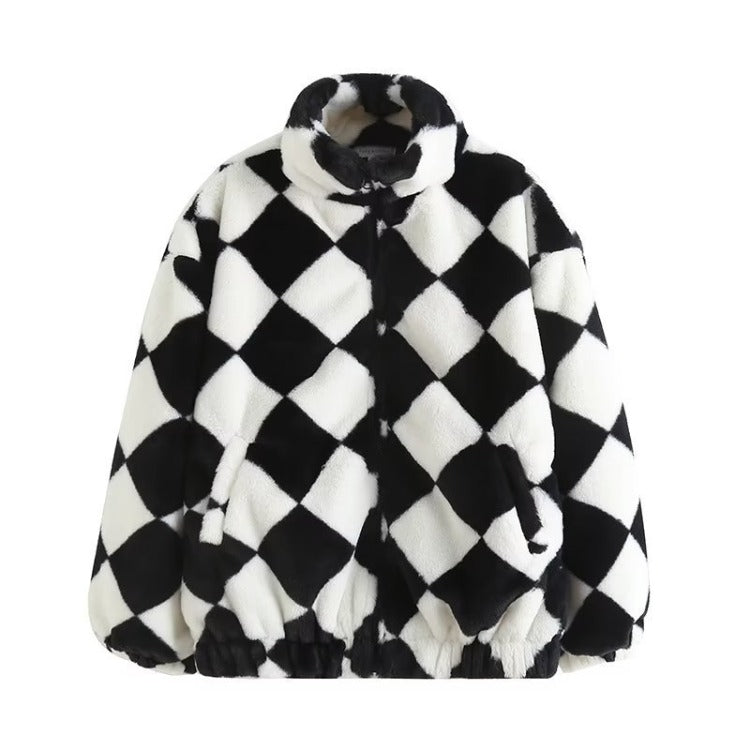 Women Cotton Coat Chessboard Plaid Coat Winter Loose Lapel