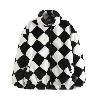 Women Cotton Coat Chessboard Plaid Coat Winter Loose Lapel