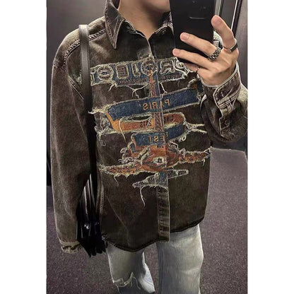 Unisex Denim Jacket Old Patch Embroidered Denim Jacket