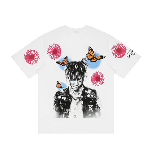 Vlone T Shirts Character Butterfly Red Flower Large V Printed Short Sleeve T-shirt Men and Women Hip Hop Half Sleeve