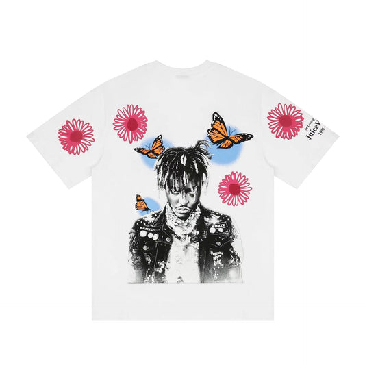 Vlone T Shirts Character Butterfly Red Flower Large V Printed Short Sleeve T-shirt Men and Women Hip Hop Half Sleeve