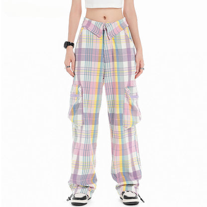 Cargo Pants Plaid Colorblock Overalls