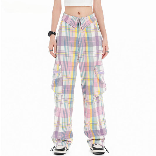Cargo Pants Plaid Colorblock Overalls