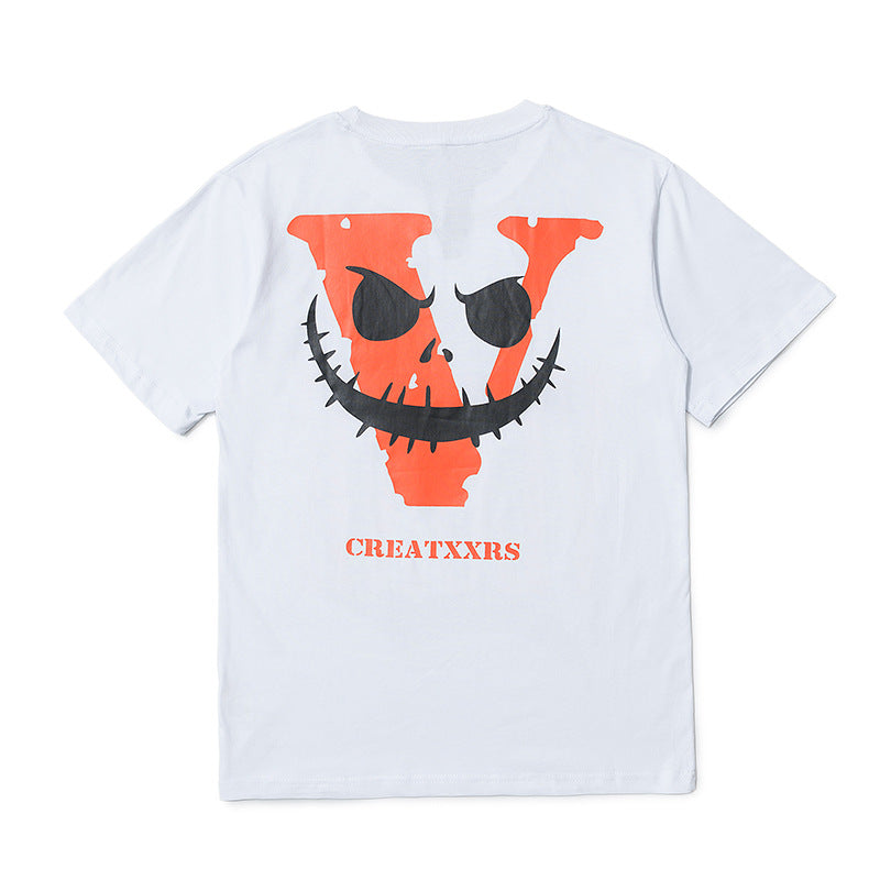 Vlone T Shirts Evil Smiley Face Big V Loose Short Sleeve T-shirt