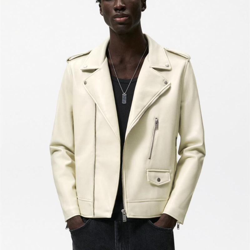 Men Motorcycle Jacket Autumn and Winter Imitation Leather Motorcycle Oblique Zipper Jacket Coat Leather Coat