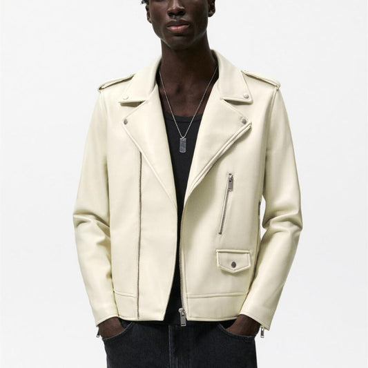 Men Motorcycle Jacket Autumn and Winter Imitation Leather Motorcycle Oblique Zipper Jacket Coat Leather Coat