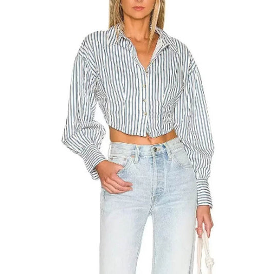 Women Tops Summer Stripes Cropped Shirt Lapel Single Breasted Cropped Top