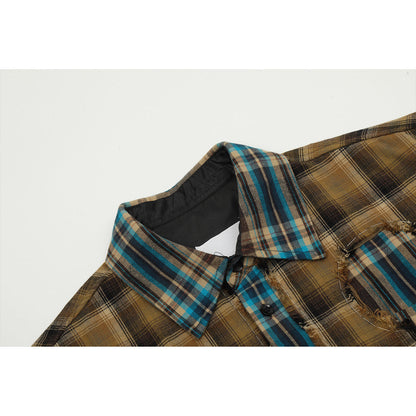 Unisex Shirts Vintage Plaid Shirt Splicing Loose Jacket