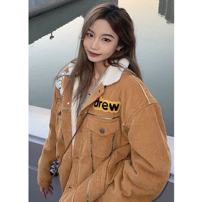 Unisex Denim Jacket Drew Embroidered Warm Lamb Fleece Denim Jacket
