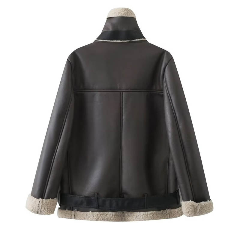 Women Cotton Coat Stand Collar Zipper Leather Coat Warm
