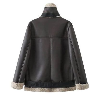 Women Cotton Coat Stand Collar Zipper Leather Coat Warm