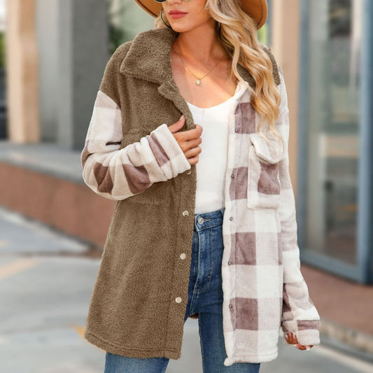 Women Trench Coat Autumn and Winter Leisure Long Sleeve Lapel Color-Contrast Check Single-Breasted Knitted Jacket