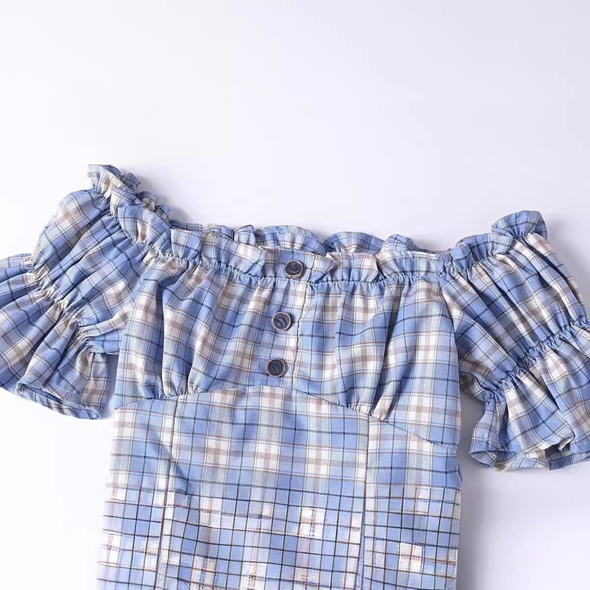 Women Tops Summer Puff Sleeve Plaid Top Short Shirt