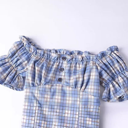 Women Tops Summer Puff Sleeve Plaid Top Short Shirt