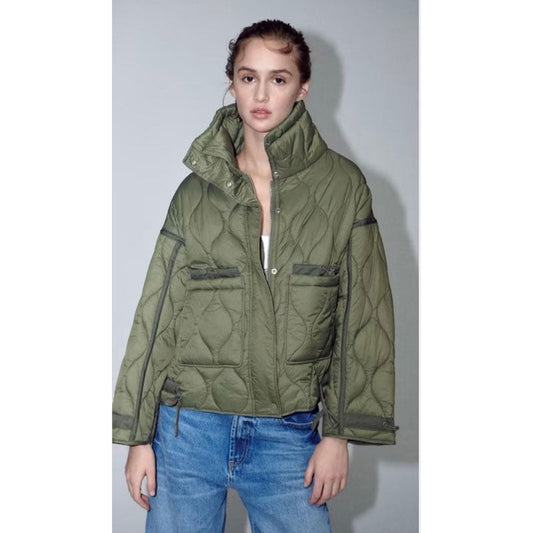Women Cotton Coat Loose Lapel Diamond Plaid Jacket
