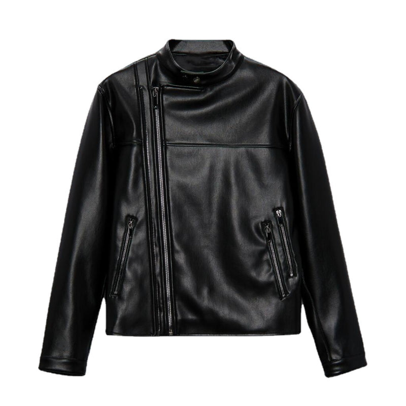 Men Motorcycle Jacket Autumn and Winter Imitation Leather Motorcycle Oblique Zipper Jacket Coat Leather Coat