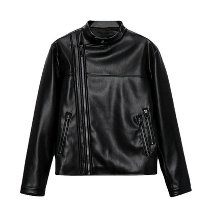 Men Motorcycle Jacket Autumn and Winter Imitation Leather Motorcycle Oblique Zipper Jacket Coat Leather Coat