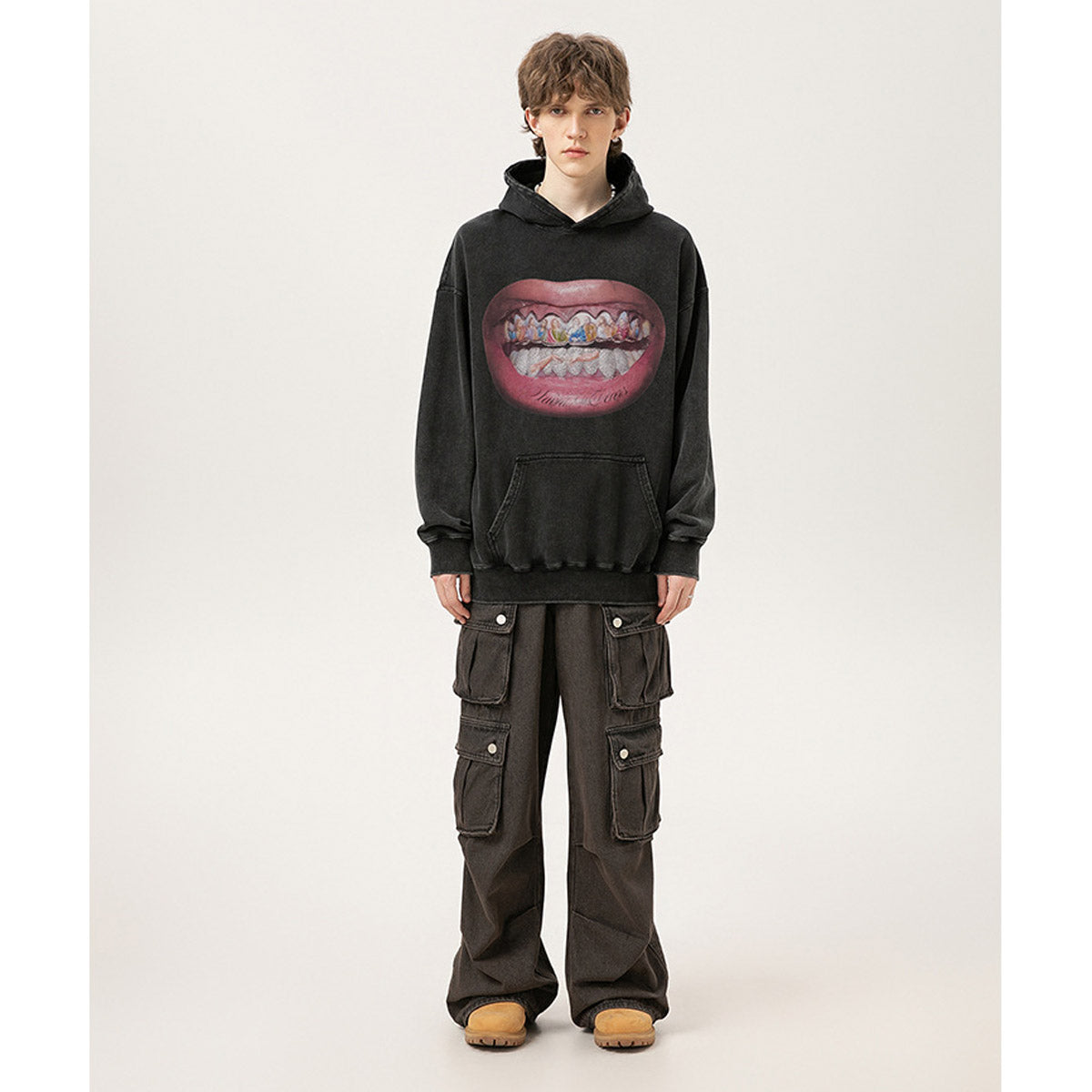 Unisex Hoodies Saint Michael Big Mouth Pattern Made Old Hoodie